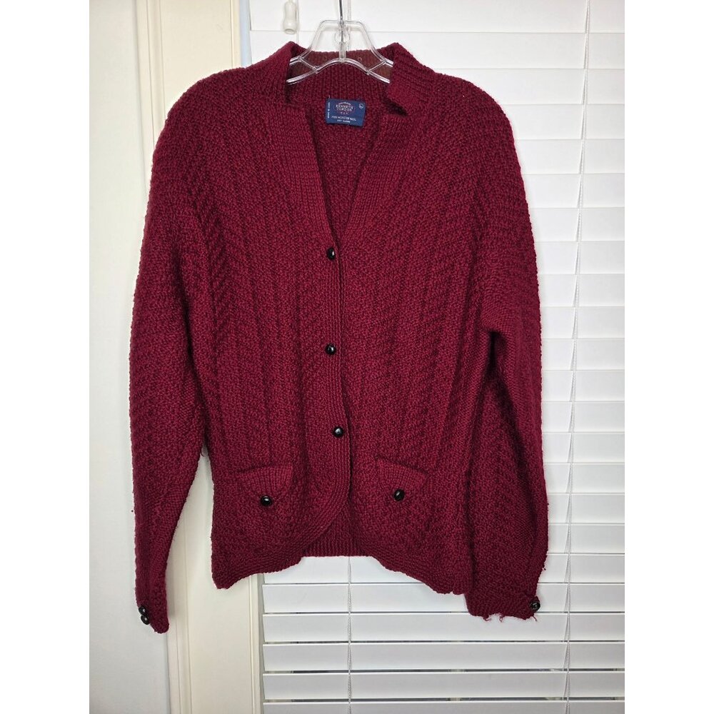 VTG Womens Red 100% Wool Shawl Cardigan Sweater L peplum chunky Academia classic